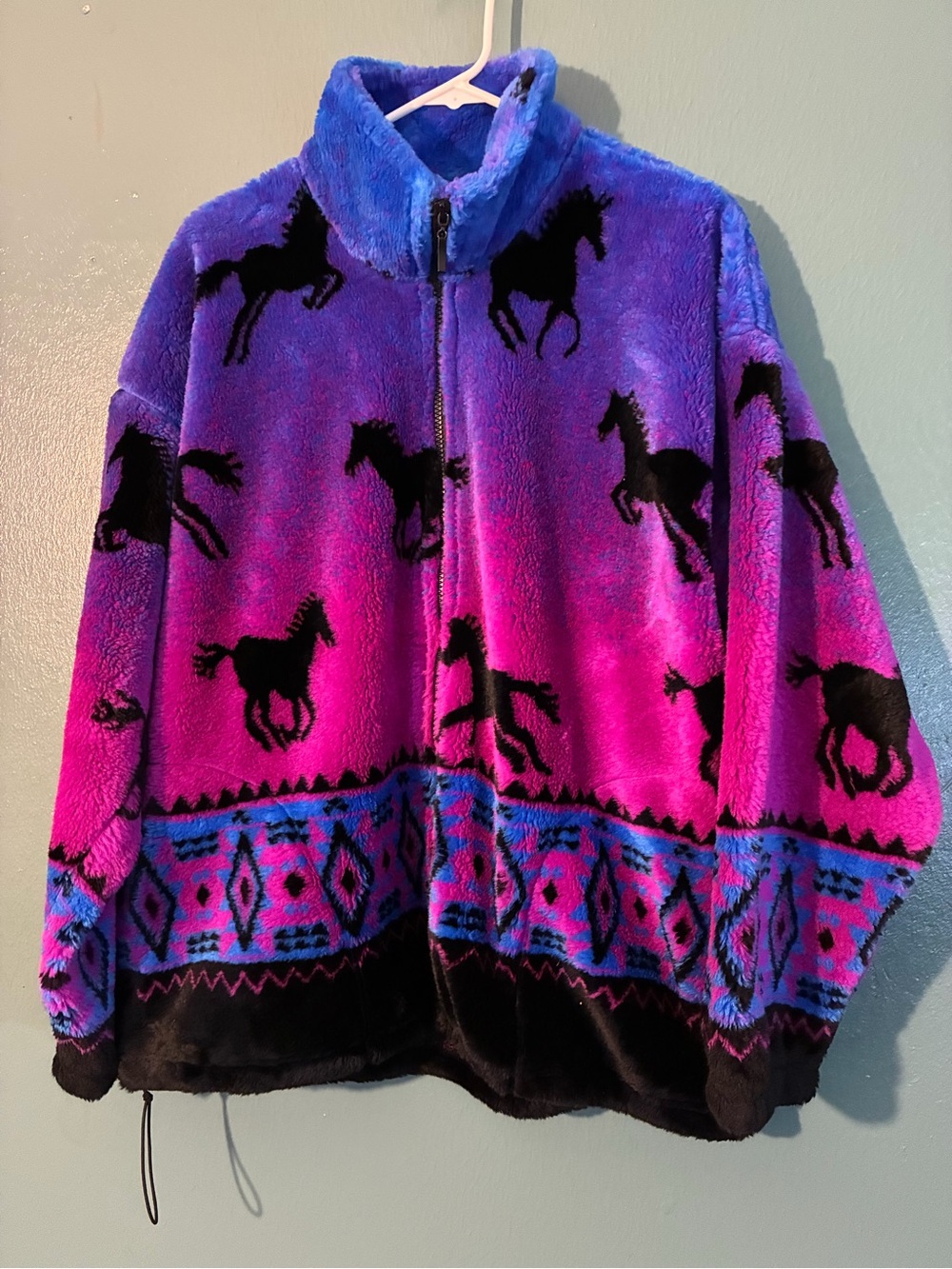 VTG 90s Mazmania Horses Southwestern Plush Fleece Jacket Purple Pink Women's M